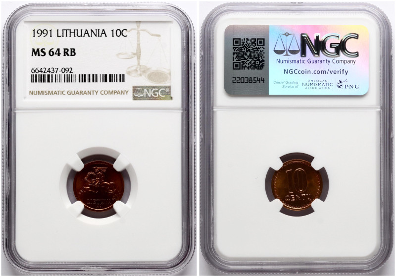 Lithuania. 10 Centu 1991. Bronze. KM 88. NGC MS 64 RB. Only 2 coins in higher gr...