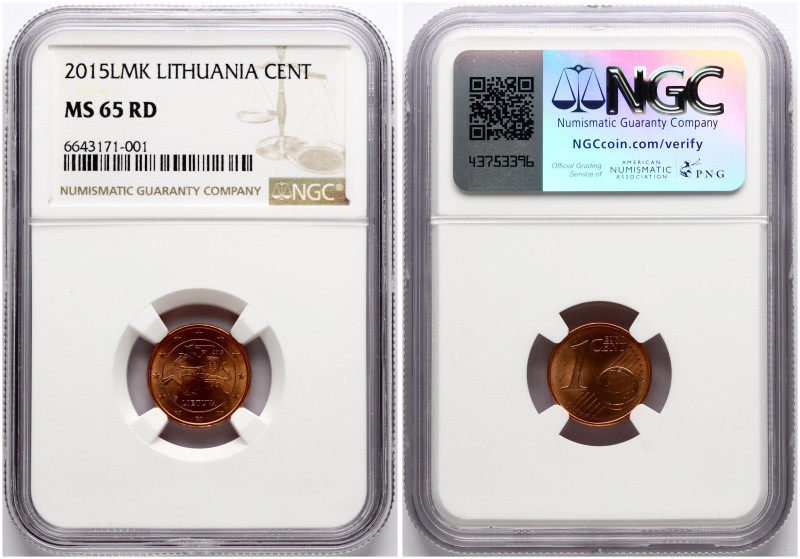 Lithuania. 1 Euro Cent 2015. Copper plated steel. KM 205. NGC MS 65 RD. Only 3 c...