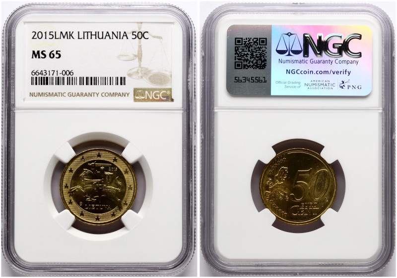 Lithuania. 50 Euro Cent 2015. Brass. KM 210. NGC MS 65. Only 5 coins in higher g...