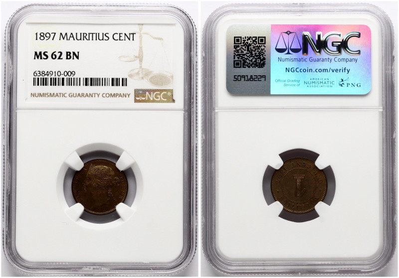 Mauritius. Victoria (1837-1901). 1 Cent 1897. Bronze. KM 7. NGC MS 62 BN. Only 3...