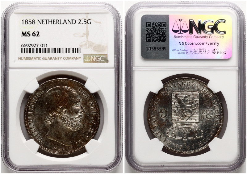 Netherlands. William III (1849-1890). 2½ Gulden 1858. Silver. KM 82. NGC MS 62. ...