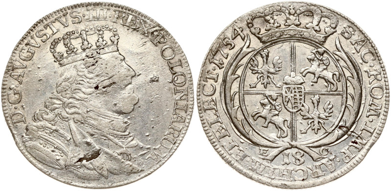 Poland. August III (1733–1763). Ort 1754 EC, Lipsk. Silver 5.47 g. Kop 2111. Sli...