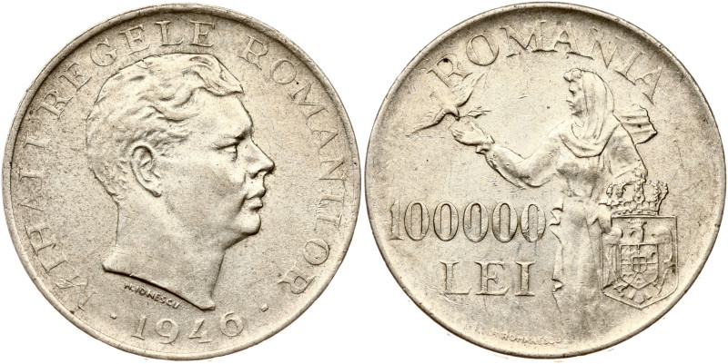 Romania. Michael I (1927-1930, 1940-1947). 100 000 Lei 1946. Silver .700, 25.14 ...