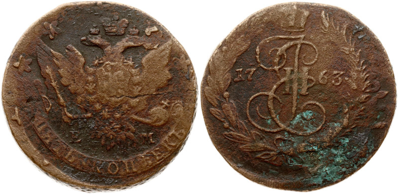 Russia. Catherine II (1762-1796). 5 Kopecks 1763 ЕМ. Overstruck on 10 Kopecks 17...