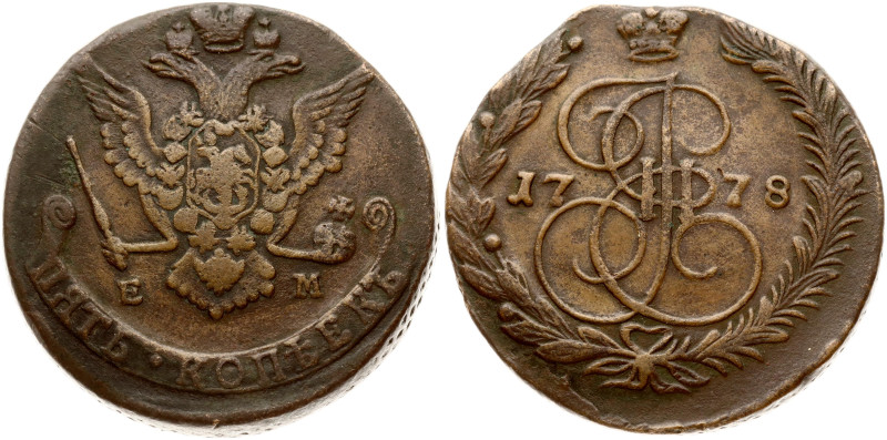 Russia. Catherine II (1762-1796). 5 Kopecks 1778 ЕМ. Eagle of 1770-1777. Copper ...