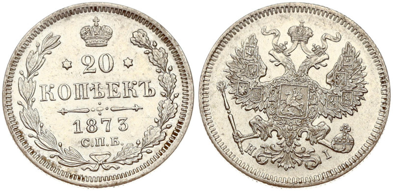 Russia. Alexander II (1855-1881). 20 Kopecks 1873 СПБ-НІ St. Petersburg. Eagle o...