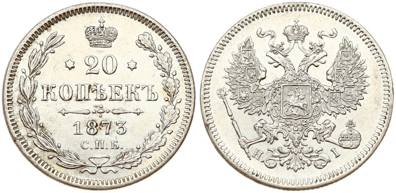 Russia. Alexander II (1855-1881). 20 Kopecks 1873 СПБ-НІ St. Petersburg. Eagle o...