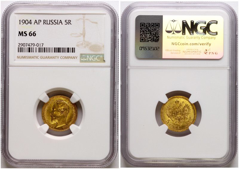 Russia. Nicholas II (1894-1917). 5 Roubles 1904 АP, St. Petersburg. Gold. Bitkin...