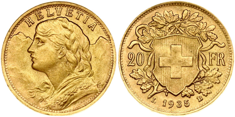 Switzerland. 20 Francs 1935 LB. Gold 6.43 g. KM 35.1, Fr. 499, Y 41.