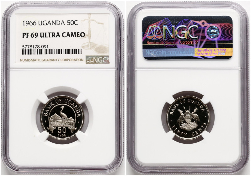 Uganda. 50 Cents 1966. Copper-nickel. KM 4. NGC PF 69 ULTRA CAMEO. TOP POP.