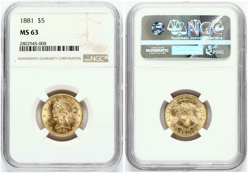 USA. 5 Dollars 1881, Philadelphia Liberty Head. Gold 8.35 g. Fr. 143; KM 101. NG...