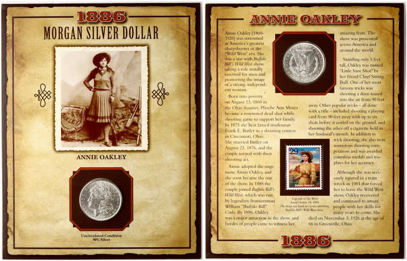 USA. Morgan Dollar 1886, Philadelphia, Post Stamp 29 cents Annie Oakley 1994?. P...