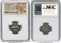 CALABRIA. Tarentum. Ca. 302-280 BC. AR didrachm (21mm, 7.78 gm, 3h). NGC XF 4/5 - 4/5. Philiarchus, Sa-, and Aga-, magistrates. Youth seated on horse ...