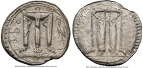 BRUTTIUM. Croton. Ca. 480-430 BC. AR stater (21mm, 5h). NGC Choice VF, overstruck. ϘPO (retrograde), tripod with leonine feet, heron standing left in ...