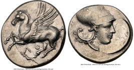 BRUTTIUM. Locri Epizephyrii. Ca. 350-275 BC. AR stater (21mm, 8.59 gm, 2h). NGC XF 4/5 - 4/5, overstruck. Ca. 317-310 BC. Pegasus flying left, both wi...