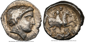 PAEONIAN KINGDOM. Patraus (ca. 335-315 BC). AR tetradrachm (23mm, 12.53 gm, 5h). NGC XF 3/5 - 4/5. Laureate head of Apollo right, beardless and with s...