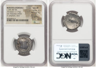 BOEOTIA. Federal Issue. Ca. 395-387 BC. AR stater (22mm, 11.77 gm, 4h). NGC Choice VF 4/5 - 2/5, graffito. Boeotian shield / BO-IΩ, amphora; bow above...