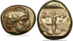 LESBOS. Mytilene. Ca. 454-427 BC. EL sixth-stater or hecte (10mm, 2.57 gm, 10h). NGC VF 4/5 - 3/5, marks. Wreathed head of Dionysus right / Two calf h...