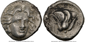 CARIAN ISLANDS. Rhodes. Ca. 305-275 BC. AR didrachm (19mm, 12h). NGC VF. Head of Helios facing, turned slightly right, hair parted in center and swept...