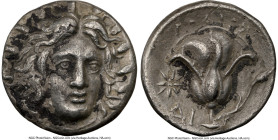 CARIAN ISLANDS. Rhodes. Ca. 305-275 BC. AR didrachm (18mm, 12h). NGC VF. Radiate head of Helios facing, turned slightly right, hair parted in center a...