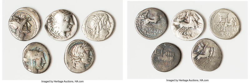 ANCIENT LOTS. Roman Republic. Lot of five (5) AR denarii. Good-VG, countermarks....