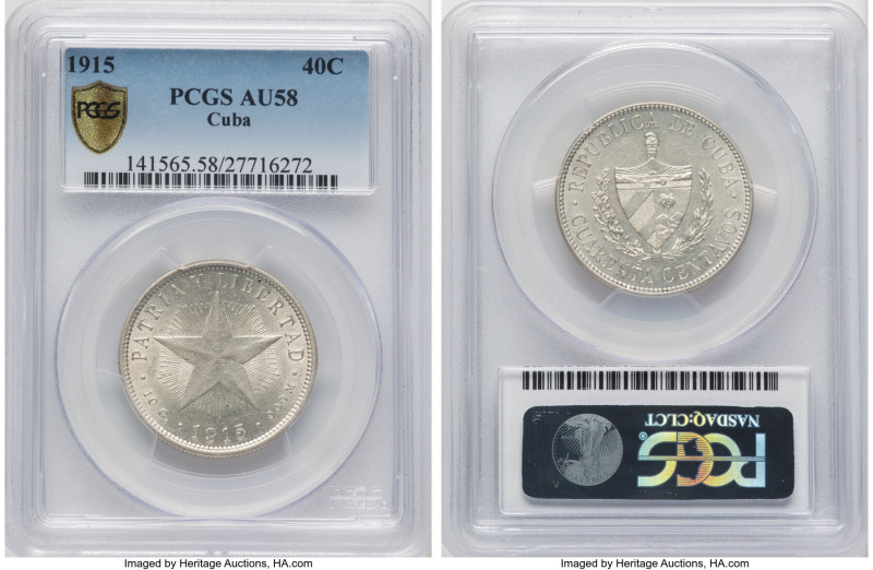 Republic 40 Centavos 1915 AU58 PCGS, Philadelphia mint, KM14.1. HID09801242017 ©...