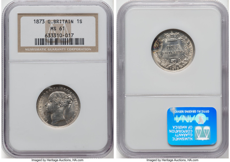 Victoria Shilling 1873 MS61 NGC, KM734.2, S-3906A. No WW under bust variety with...