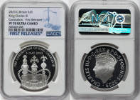 Charles III silver Proof "Coronation Regalia - King Charles III Coronation" 5 Pounds 2023 PR70 Ultra Cameo NGC, Mintage: 16,860. Edge Inscription: GOD...