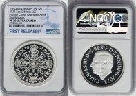 Charles III silver Proof "Petition Crown - Quartered Arms" 5 Pounds (2 oz) 2023 PR70 Ultra Cameo NGC, Mintage: 3,260. Great Engravers series. Reverse ...