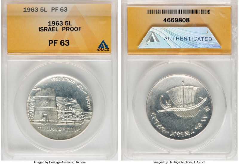 Republic silver Proof "Seafaring" 5 Lirot JE 5723 (1963) PR63 ANACS, Rome mint, ...