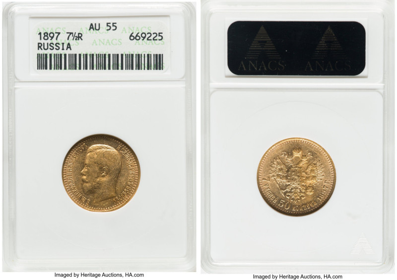 Nicholas II gold 7-1/2 Roubles 1897-AГ AU55 ANACS, St. Petersburg mint, KM-Y63, ...