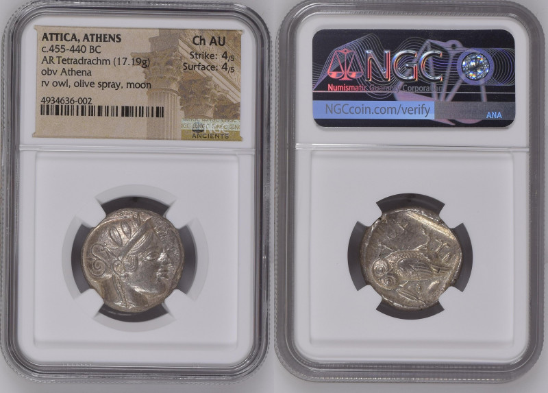 古代 ギリシア 紀元前455-440年頃 アッティカ アテネ テトラドラクマ銀貨 NGC Ch AU Strike:4/5 Surface:4/5 (49346...