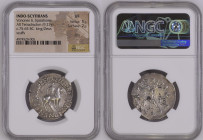 古代 インド・スキタイ 紀元前75-65年頃 AR テトラドラクマ銀貨 NGC VF Strike:5/5 Surface:2/5 Bent (4974529-005) , 9.27g, King/Zeus scuffs, 表面には右手に槍を持って馬に乗った王、裏には雷と笏を構えたゼウスの王がデザイ...