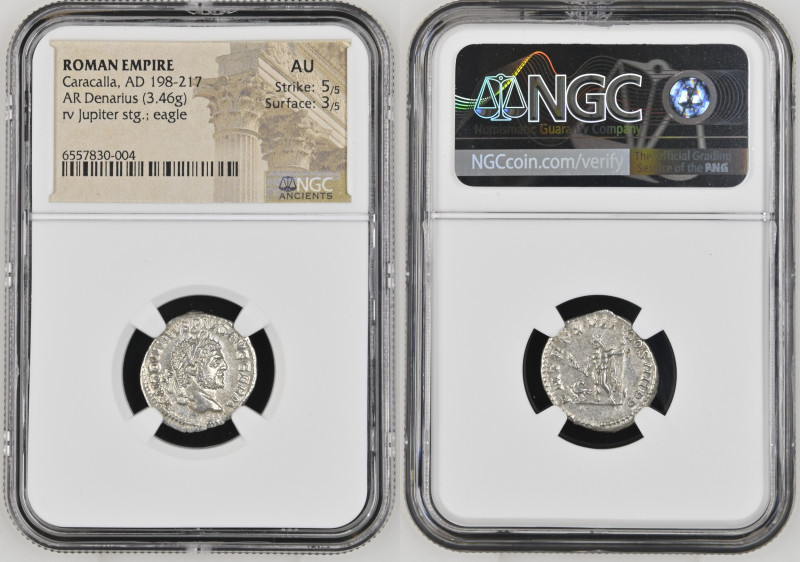 古代ローマ帝国 198-217年 カラカラ帝 ジュピター神 デナリウス銀貨 NGC AU Strike: 5/5 Surface: 3/5(6557830-00...