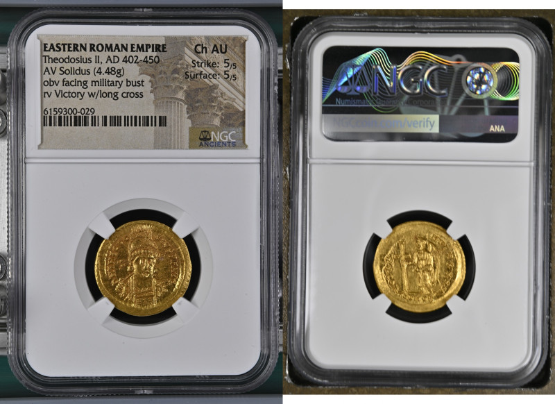 古代 東ローマ帝国 402-450年 テオドシウス2世 AV ソリダス金貨 NGC Ch AU Strike: 5/5 Surface: 5/5 (615930...