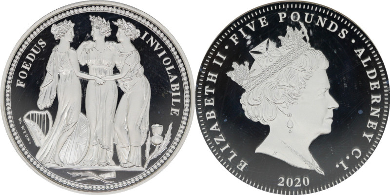 2020年 オルダニー スリーグレイセス 5ポンド 2オンス銀貨 PCGS PR70 Deep Cameo (41475935), KM#214, Silver...