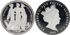 2020年 オルダニー スリーグレイセス 5ポンド 2オンス銀貨 PCGS PR70 Deep Cameo (41475935), KM#214, Silver 99.9%, 62.20g, 50.0mm, この3人の女神はそれぞれイングランド、アイルランド、スコットランドを描いたものといわれ、グレ...