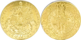 1963年 "1642年 オーストリア 2ダカット金貨" リストライク PCGS MS67 (44994242), KM# M29, Gold 98.6%, 7.00g, 27.5mm, 人気の高いフェルディナント・カールのオーストリア2ダカット金貨です。裏側は聖レオポルドの立像と14の盾のデザイン...