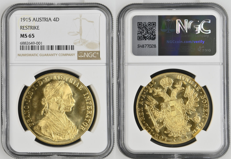 1915年オーストリア フランツ・ヨーゼフ1世 4ダカット金貨 リストライク NGC MS65 (6882649-001), KM# 2276, Her# 27...