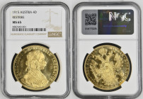 1915年オーストリア フランツ・ヨーゼフ1世 4ダカット金貨 リストライク NGC MS65 (6882649-001), KM# 2276, Her# 27-70, Fr# 487-488, Gold 98.6%, 13.96g, 40.0mm, 雲上の女神でも知られるオーストリア皇帝フランツ・...