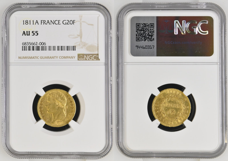 1811年 フランス ナポレオン1世 有冠 20フラン金貨 パリミント NGC AU55 (6835662-006), F# 516, KM# 695, Del...