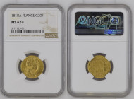 1818年 フランス ルイ18世 20フラン金貨 パリミント NGC MS62+ (5777725-012), F# 519, KM# 712, Gold 90.0%, 6.45g, 21.0mm, ブルボン朝のフランス国王（1814年 - 1815年、1815年 - 1824年）ルイ18世が描かれ...