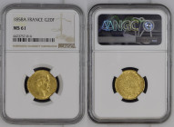 1858年 フランス ナポレオン3世 20フラン金貨 パリミント NGC MS61 (4423757-014), F# 531, KM# 781, Gold 90.0%, 6.45g, 21.0mm, フランスで19世紀から20世紀初頭まで使われていたナポレオン3世の金貨です。流通量が多かったため、...