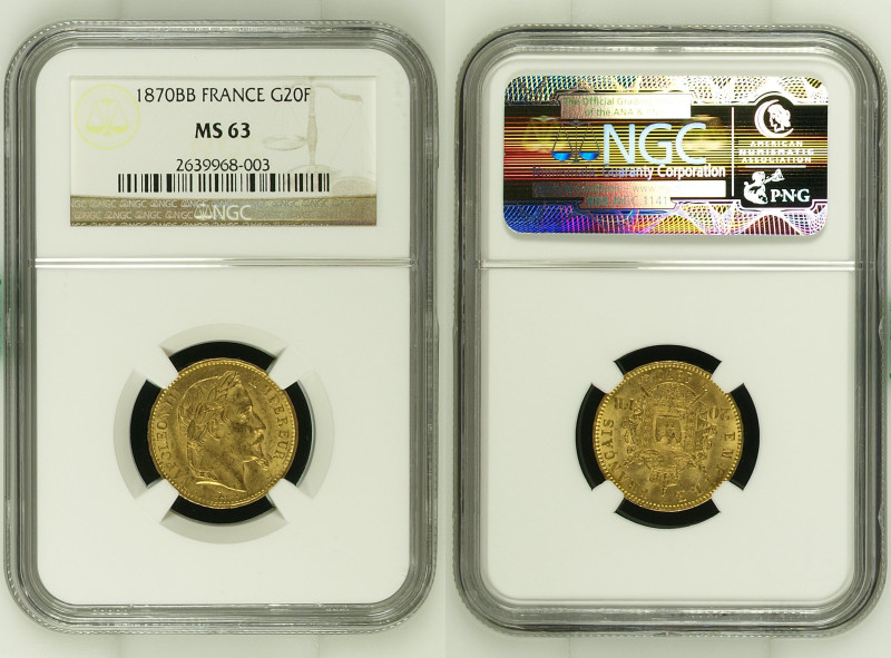 1870年 フランス ナポレオン3世 20フラン金貨 ストラスブールミント MS63 (2639968-003), F# 532, KM# 801, Fr# 5...