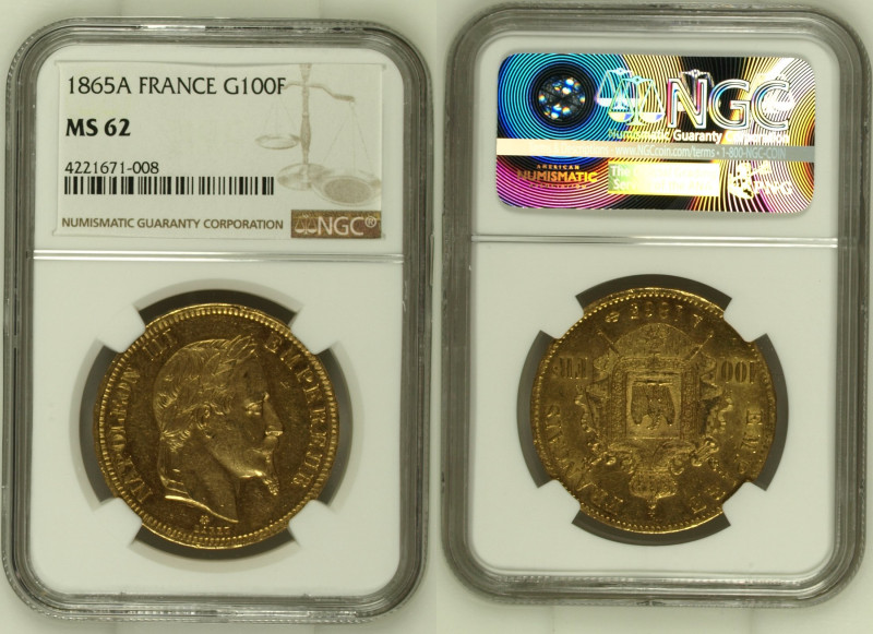 1865年 フランス ナポレオン3世 100フラン金貨 パリミント NGC MS62 (4221671-008), F# 551, Fr# 580, Gad# ...