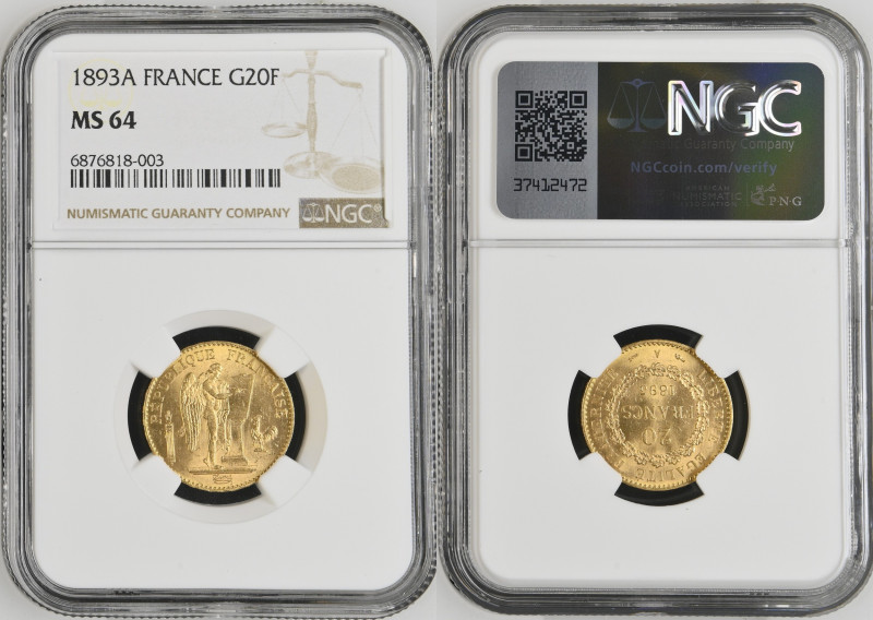 1893年 フランス 20フラン パリミント エンジェル金貨 NGC MS64 (6876818-003), F# 533, KM# 825, Gad# 106...