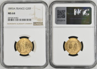 1893年 フランス 20フラン パリミント エンジェル金貨 NGC MS64 (6876818-003), F# 533, KM# 825, Gad# 1063, Gold 90.0%, 6.45g, 21.0mm, 通称「ラッキーエンジェル」と呼ばれるコイン。表には憲法を書き込んでいる聖霊、勇敢...