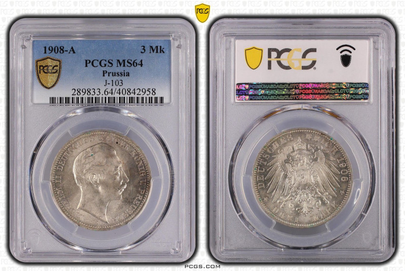1908年 ドイツ プロイセン ヴィルヘルム2世 3マルク銀貨 PCGS MS64 (40842958), KM# 527, J# 103, AKS# 131,...