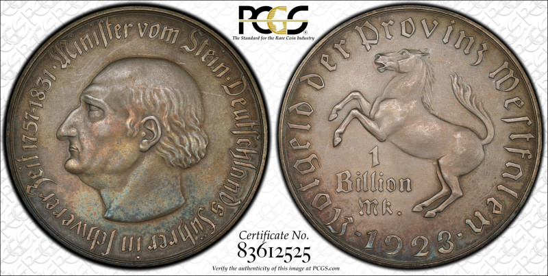 1923年 プロイセン王国 ウェストファーレン 1兆マルク洋銀貨 PCGS MS62 (83612525), Funck# 645.15A, J# N28, M...