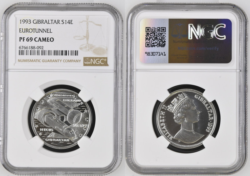 1993年 イギリス領ジブラルタル エリザベス2世 ユーロトンネル 14ECU銀貨 PF69 Cameo (6766188-092), Silver 92.5%...